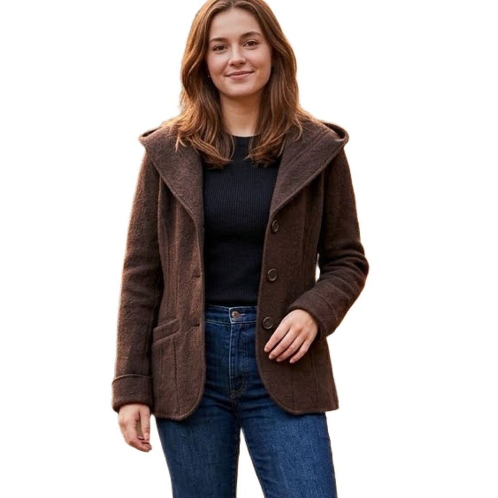 A. Giannetti size S boiled wool cardigan with hood.